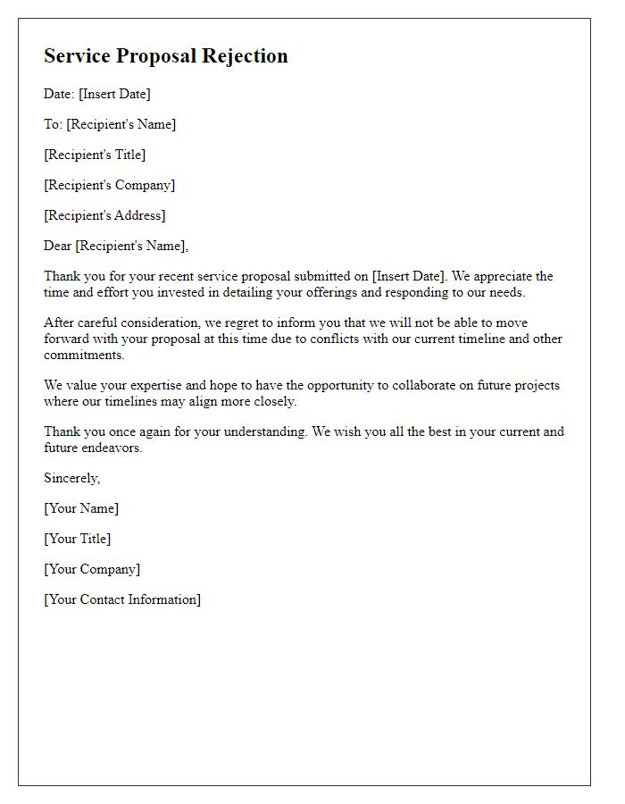 Letter template of service proposal rejection based on timeline conflicts.