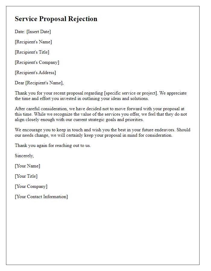 Letter template of service proposal rejection due to lack of alignment with goals.