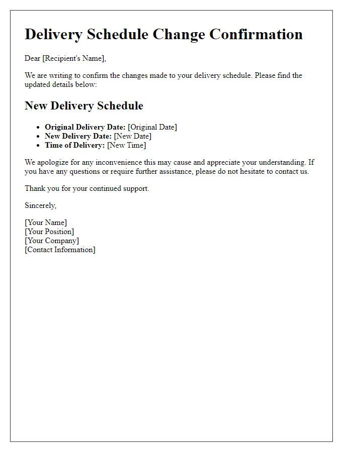 Letter template of delivery schedule change confirmation