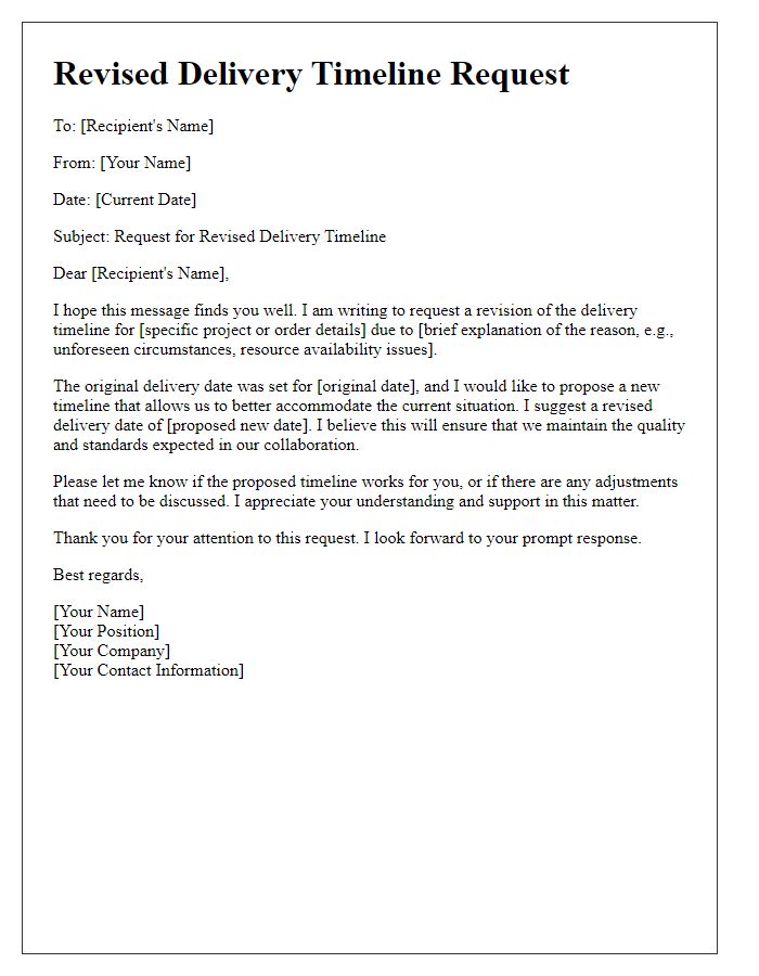 Letter template of revised delivery timeline request