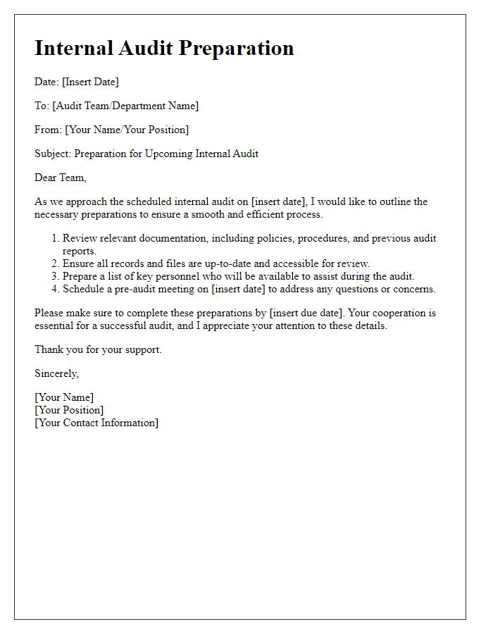 Letter template of internal audit preparation