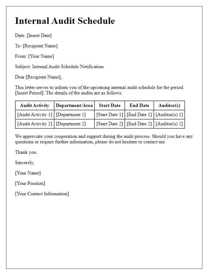 Letter template of internal audit schedule