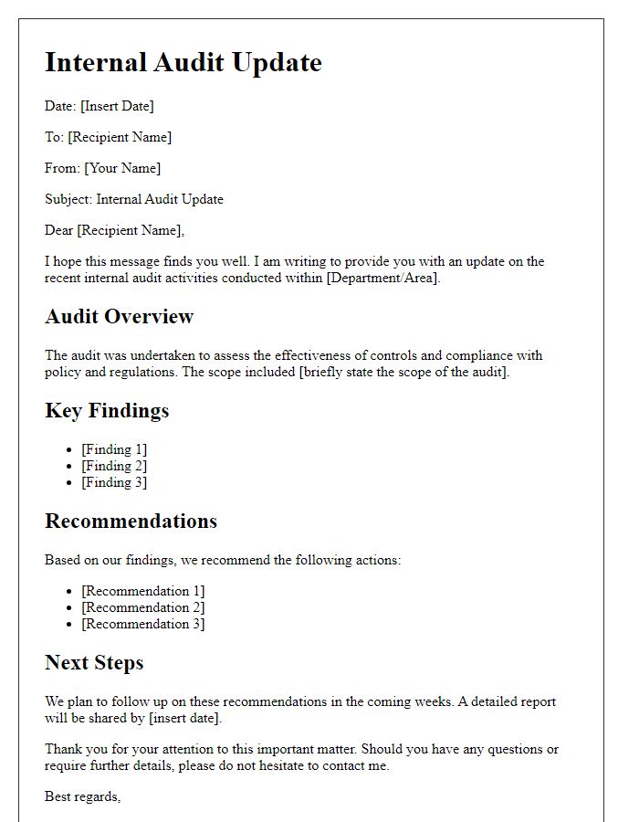 Letter template of internal audit update