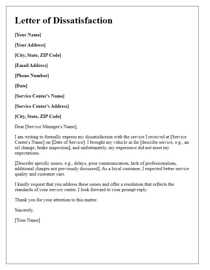 Letter template of car service dissatisfaction