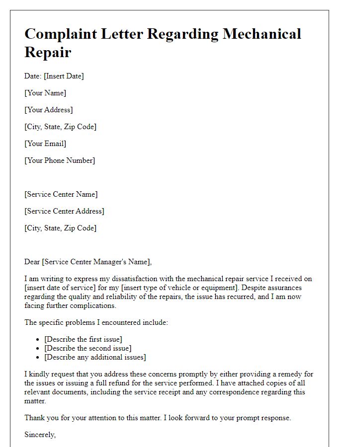 Letter template of mechanical repair complaint