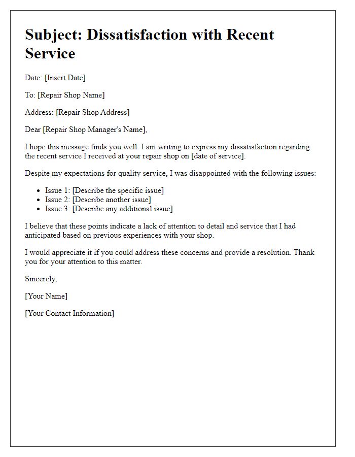 Letter template of repair shop dissatisfaction