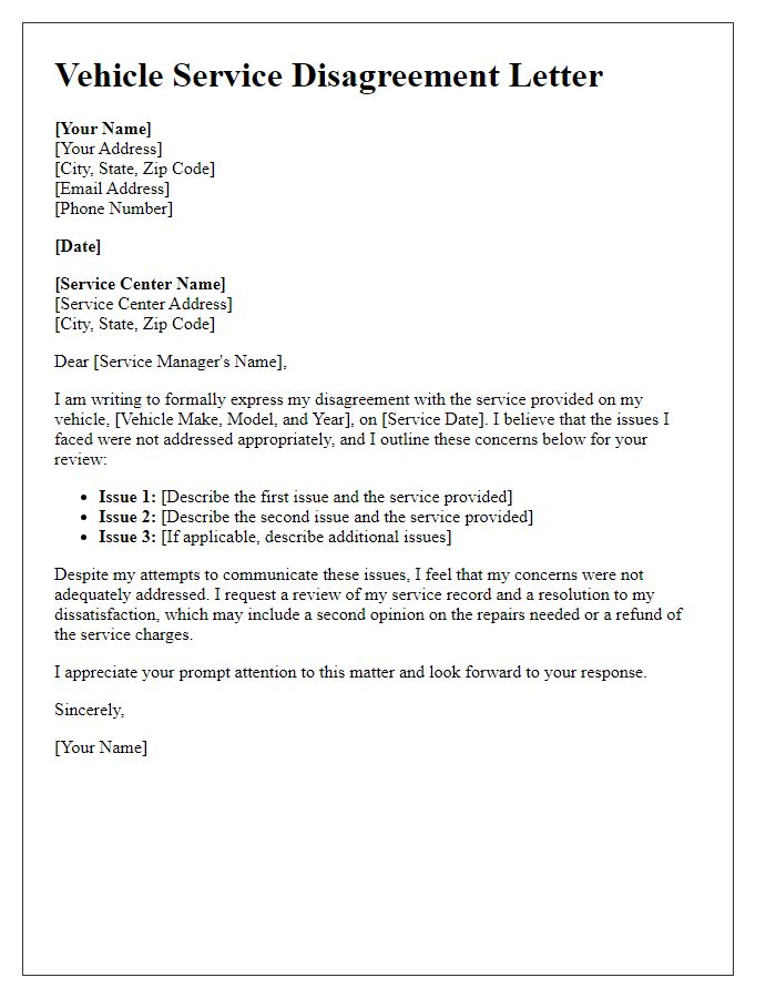 Letter template of vehicle service disagreement