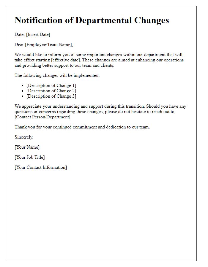 Letter template of departmental changes notification