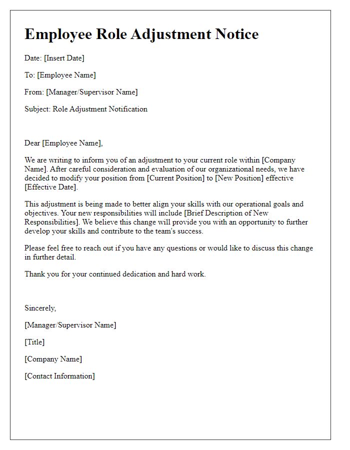 Letter template of employee role adjustments notice