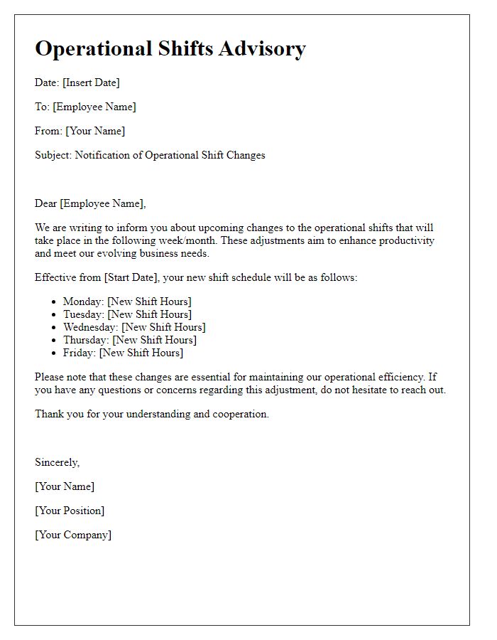 Letter template of operational shifts advisory