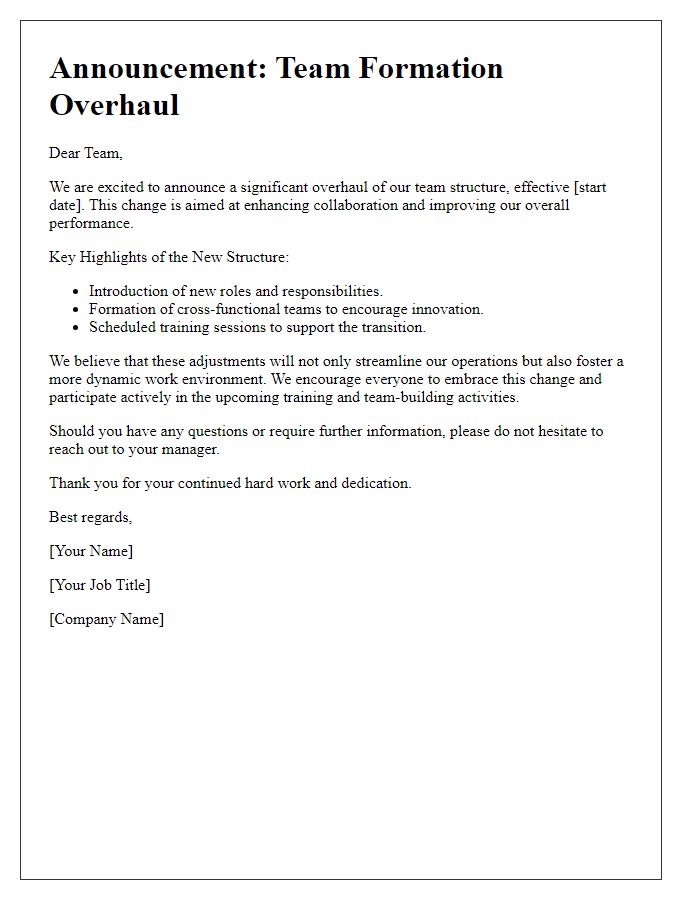 Letter template of team formation overhaul announcement