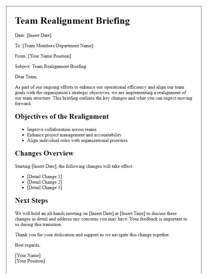 Letter template of team realignment briefing