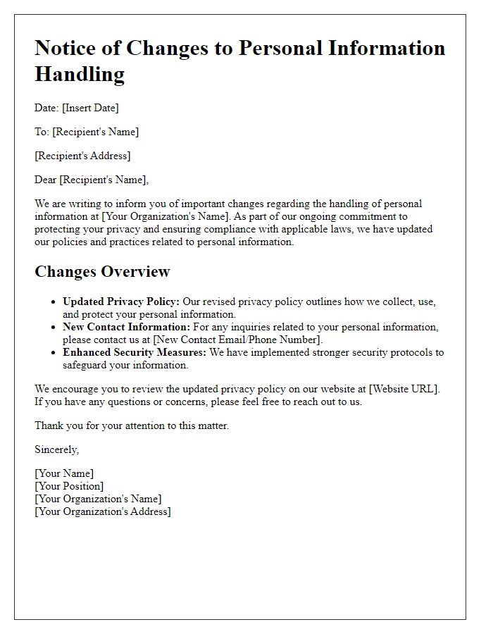 Letter template of changes to personal information handling