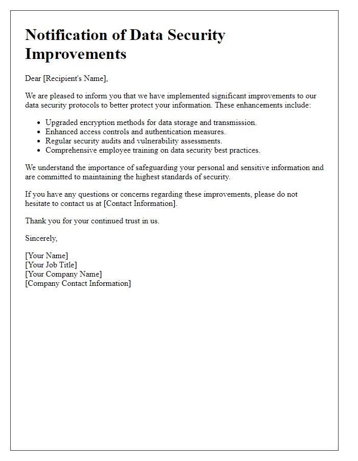 Letter template of notification on data security improvements