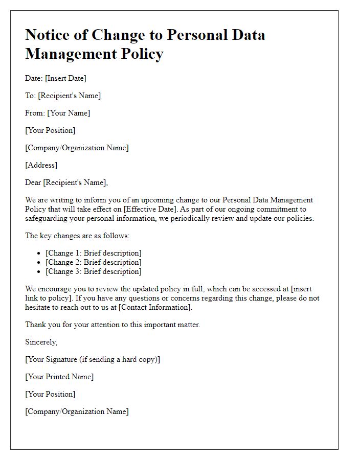 Letter template of personal data management policy change