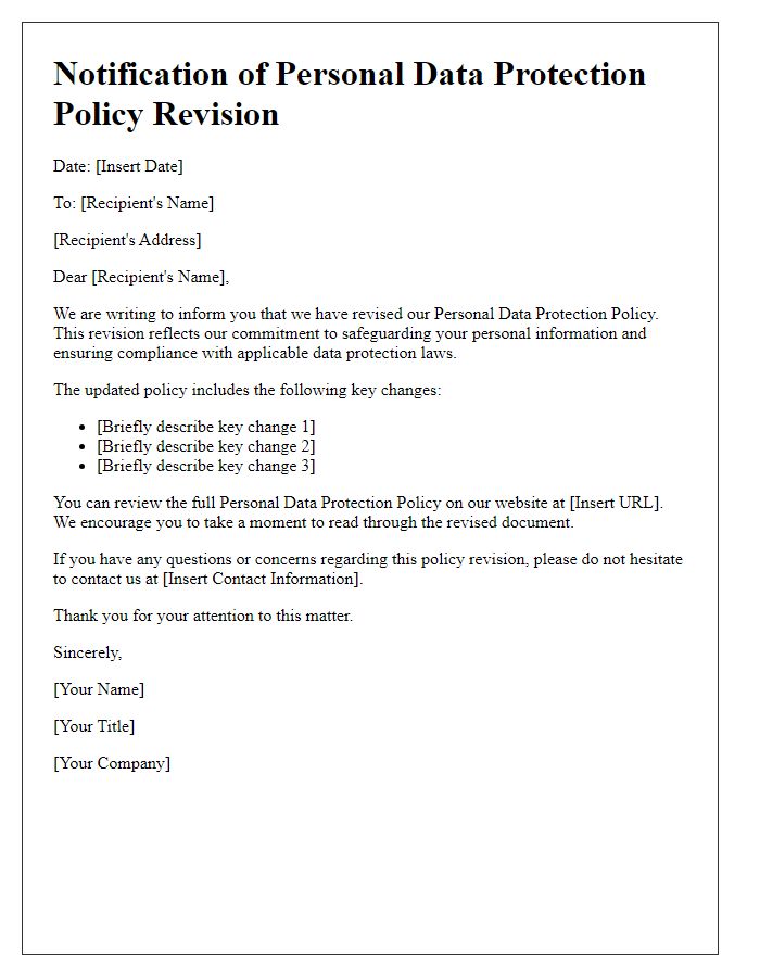 Letter template of personal data protection policy revision