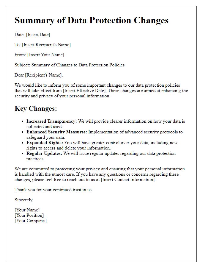 Letter template of summary of data protection changes