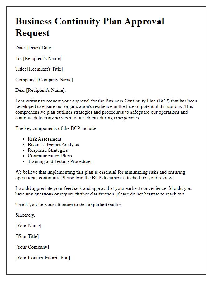 Letter template of business continuity plan approval request