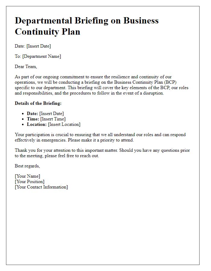 Letter template of business continuity plan departmental briefing