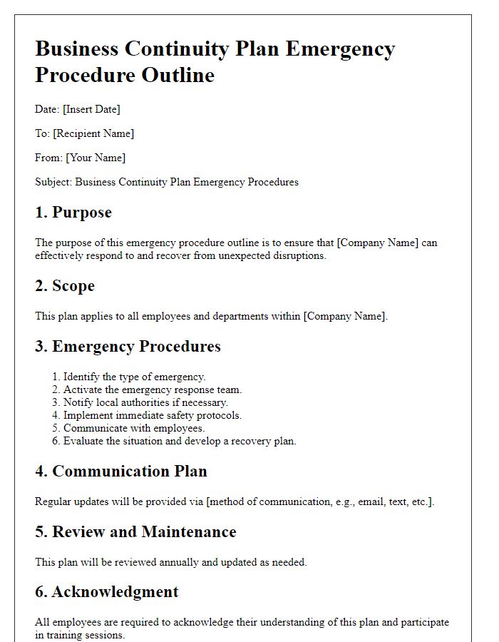 Letter template of business continuity plan emergency procedure outline