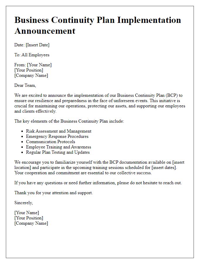 Letter template of business continuity plan implementation announcement