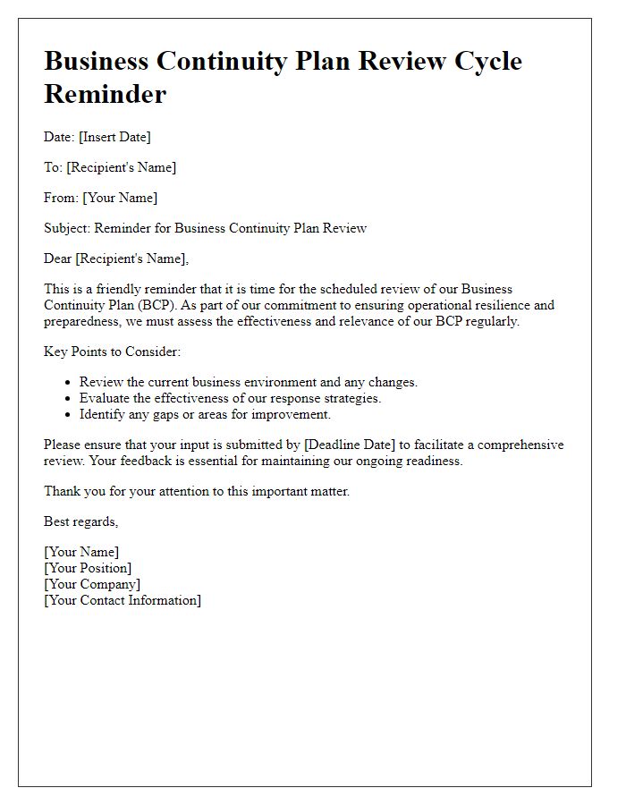 Letter template of business continuity plan review cycle reminder