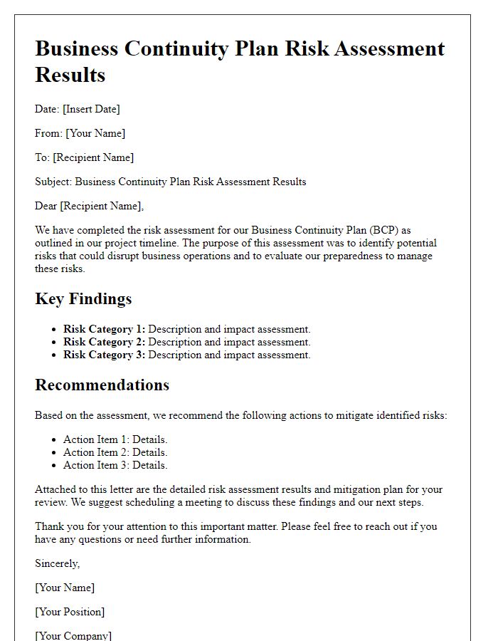 Letter template of business continuity plan risk assessment results