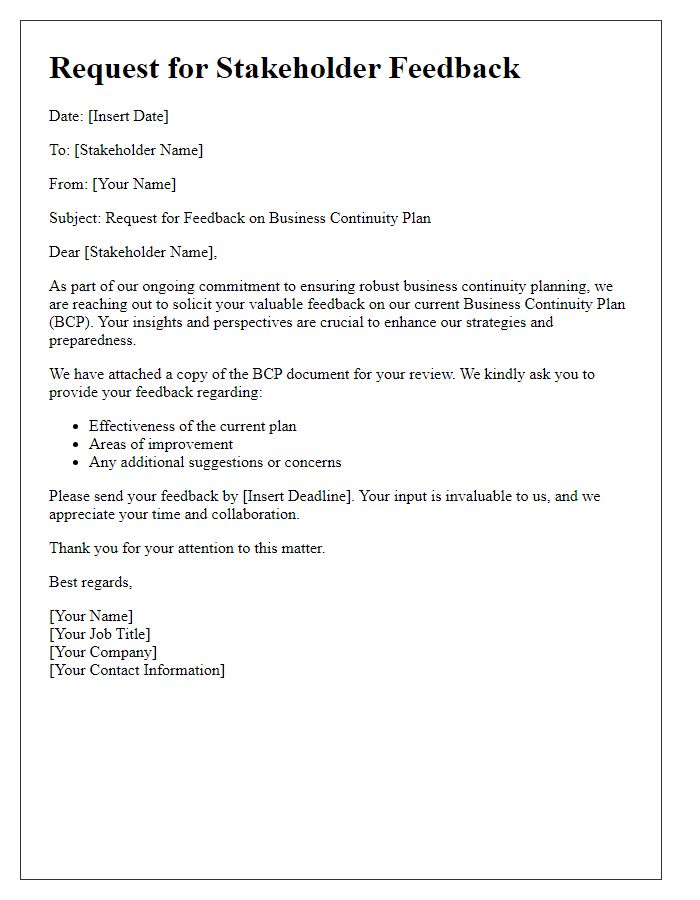 Letter template of business continuity plan stakeholder feedback request