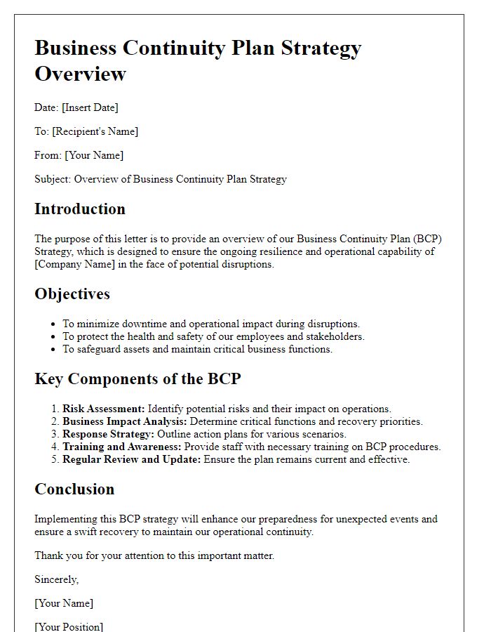 Letter template of business continuity plan strategy overview