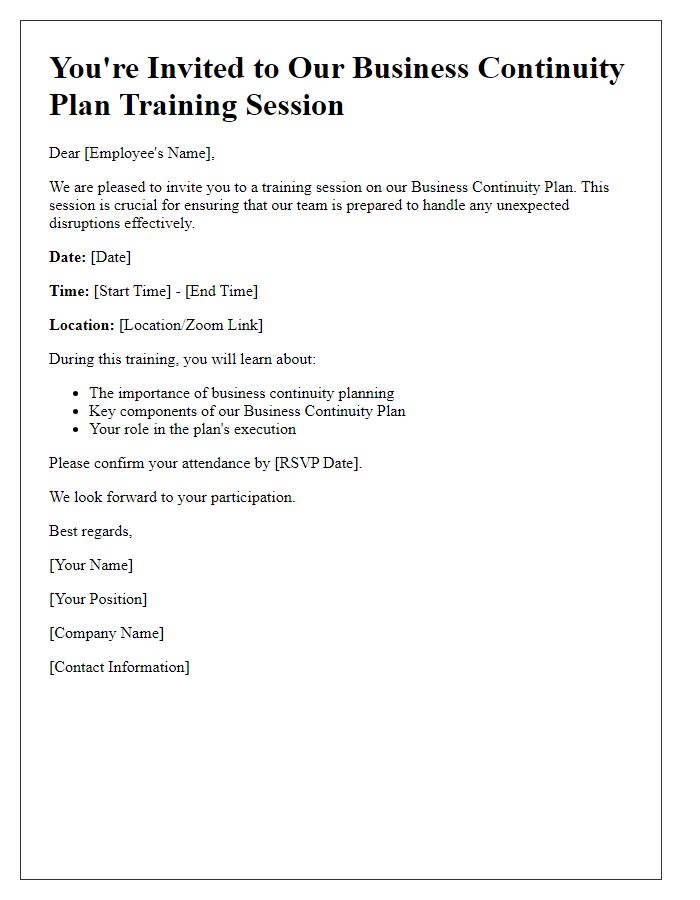 Letter template of business continuity plan training session invitation