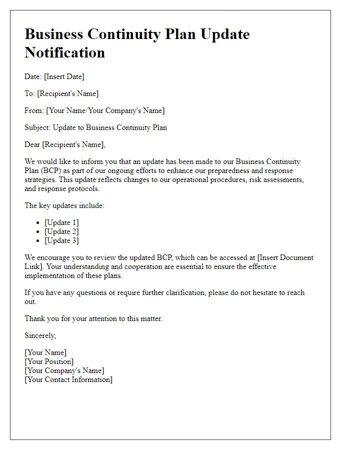 Letter template of business continuity plan update notification