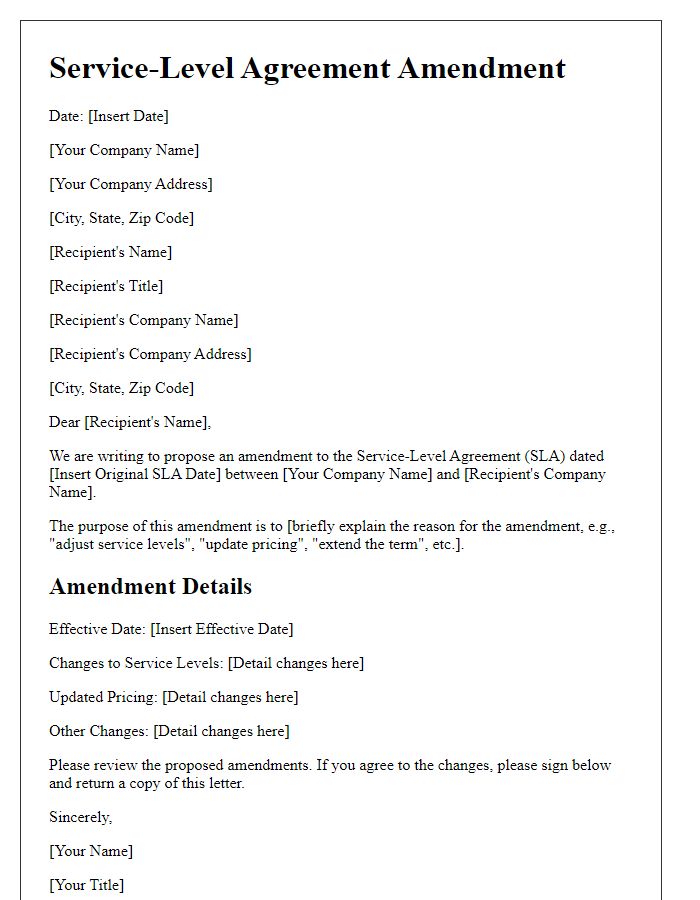 Letter template of service-level agreement amendment