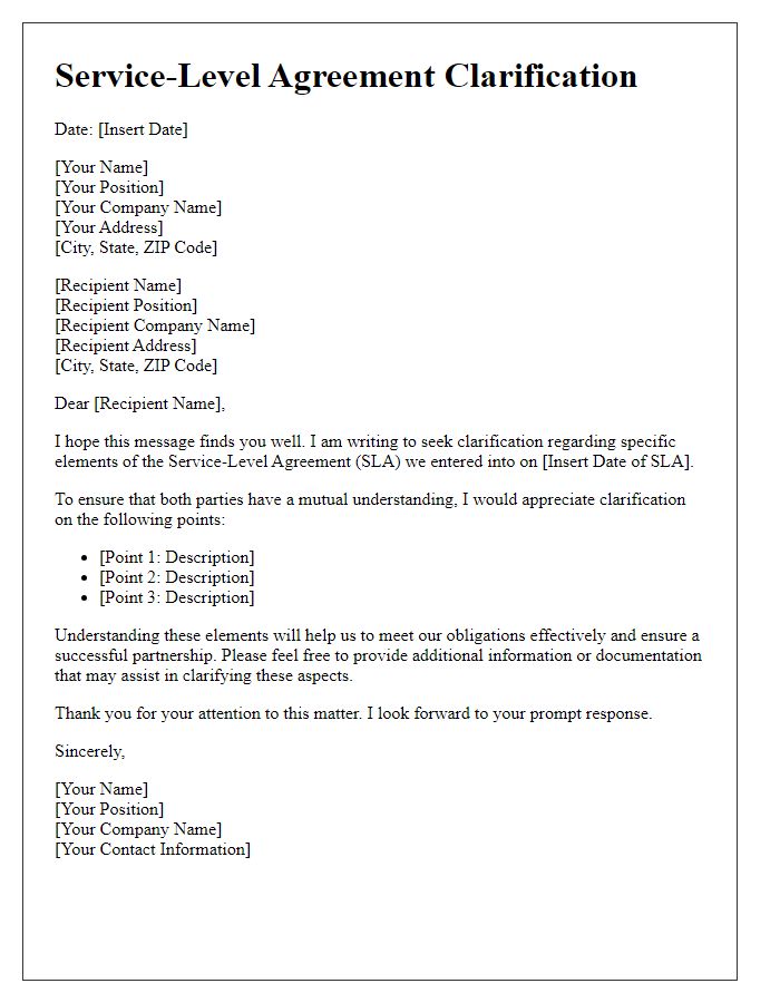 Letter template of service-level agreement clarification