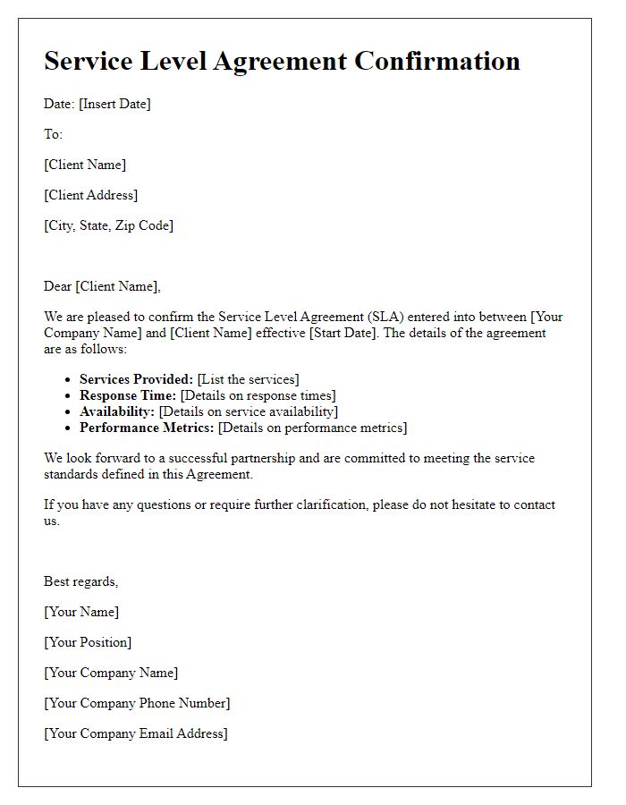 Letter template of service-level agreement confirmation