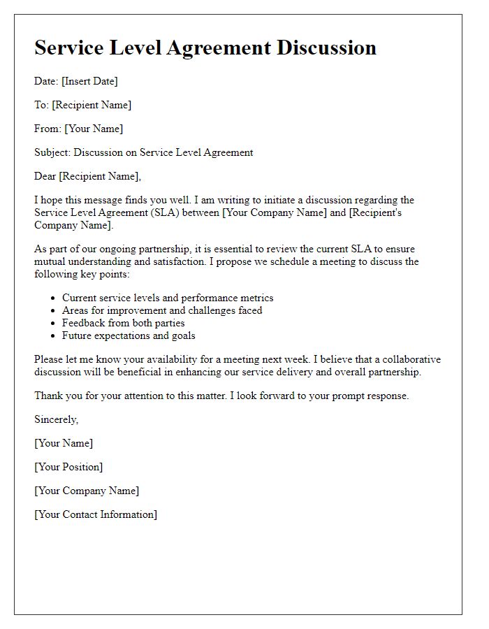 Letter template of service-level agreement discussion