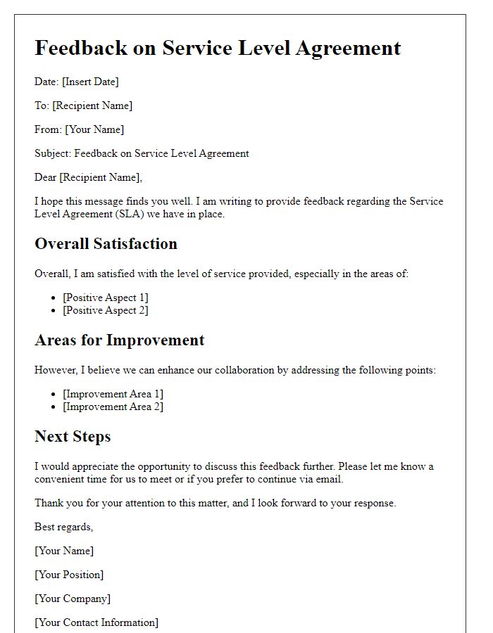 Letter template of service-level agreement feedback