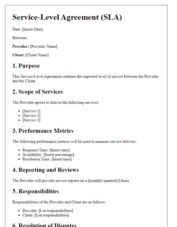 Letter template of service-level agreement outline