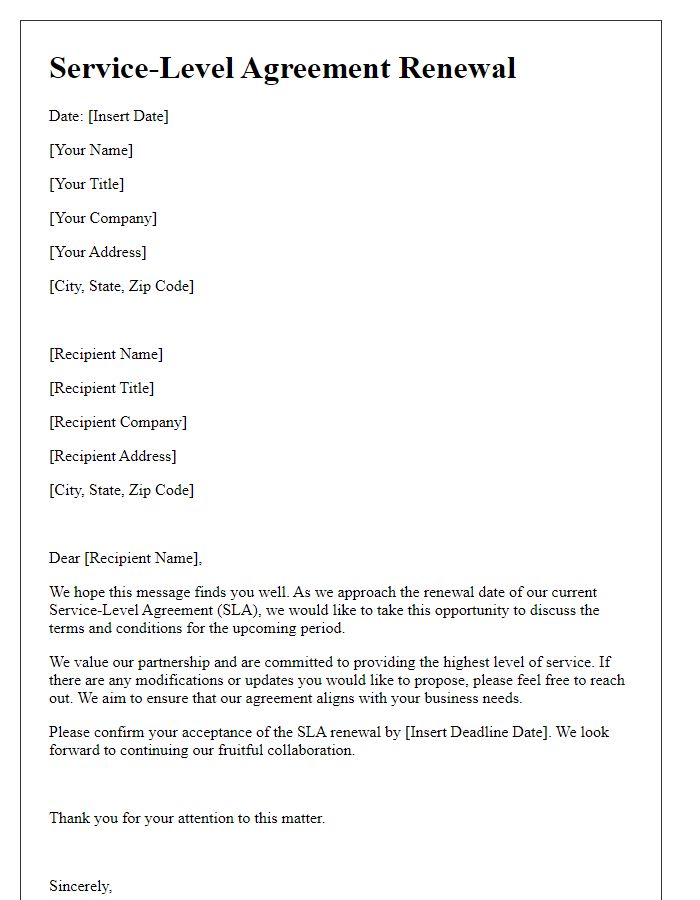 Letter template of service-level agreement renewal