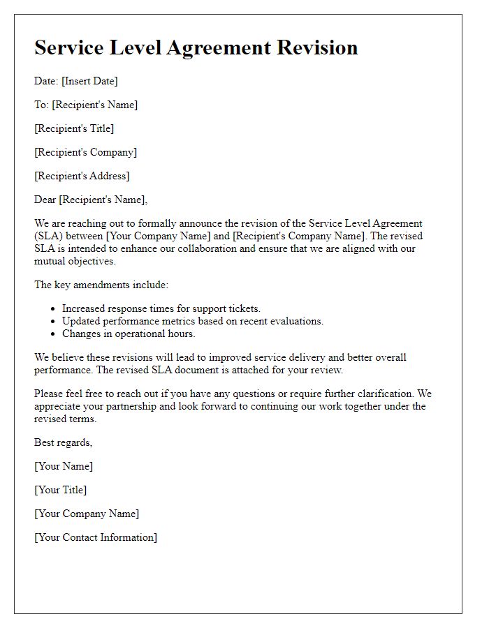 Letter template of service-level agreement revision