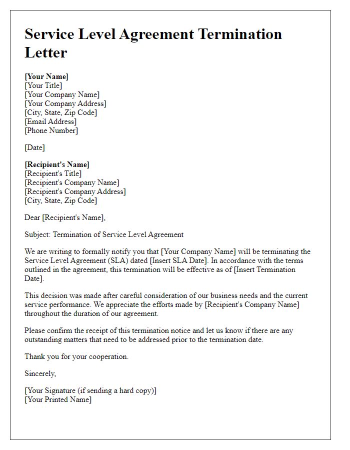 Letter template of service-level agreement termination