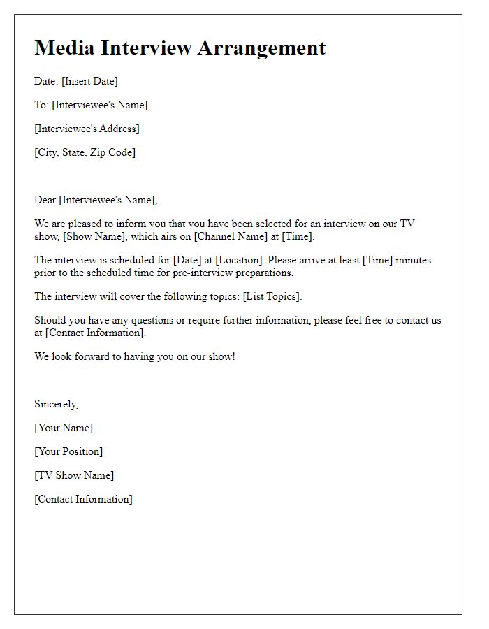 Letter template of media interview arrangement for a TV show