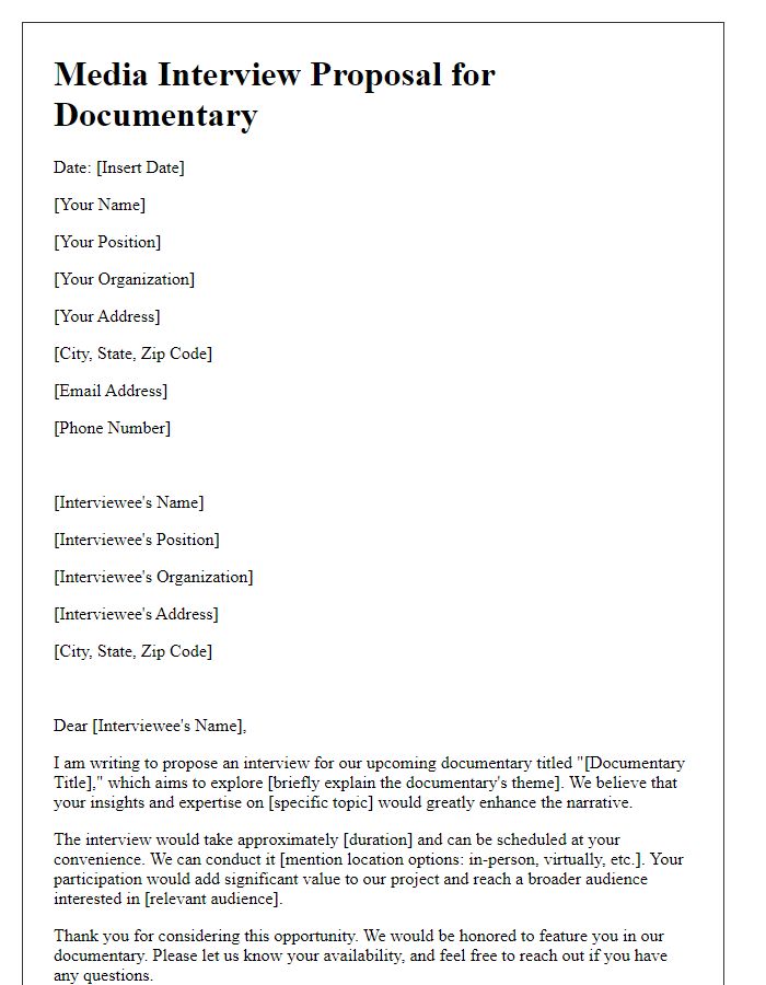 Letter template of media interview proposal for a documentary