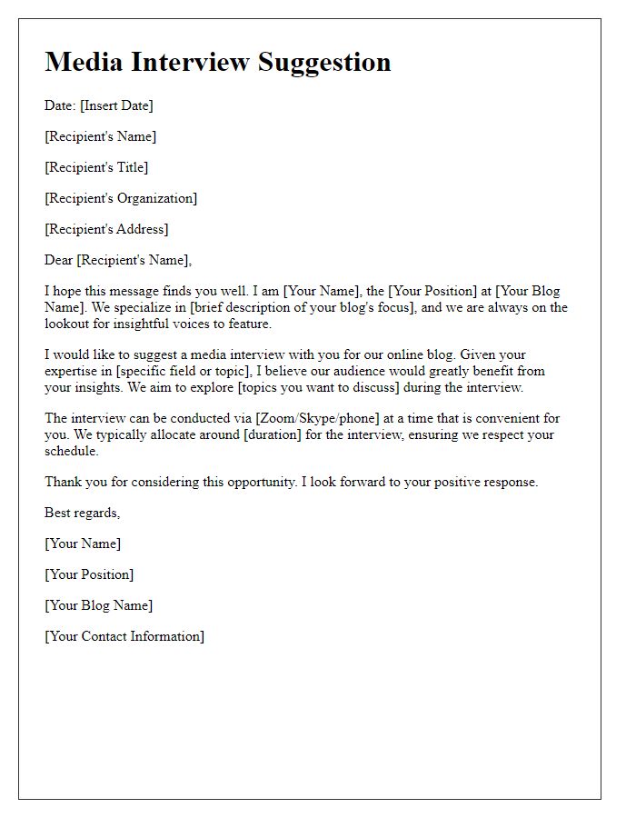 Letter template of media interview suggestion for an online blog