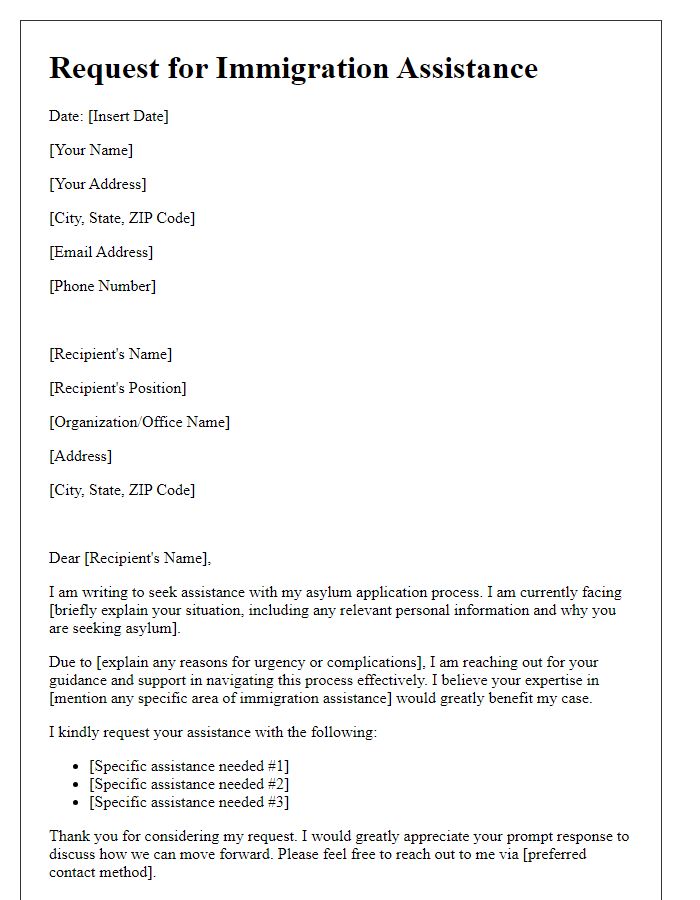 Letter template of immigration assistance request for asylum application.