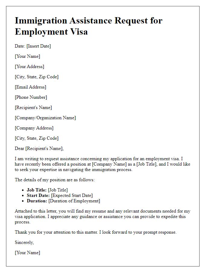 Letter template of immigration assistance request for employment visa.