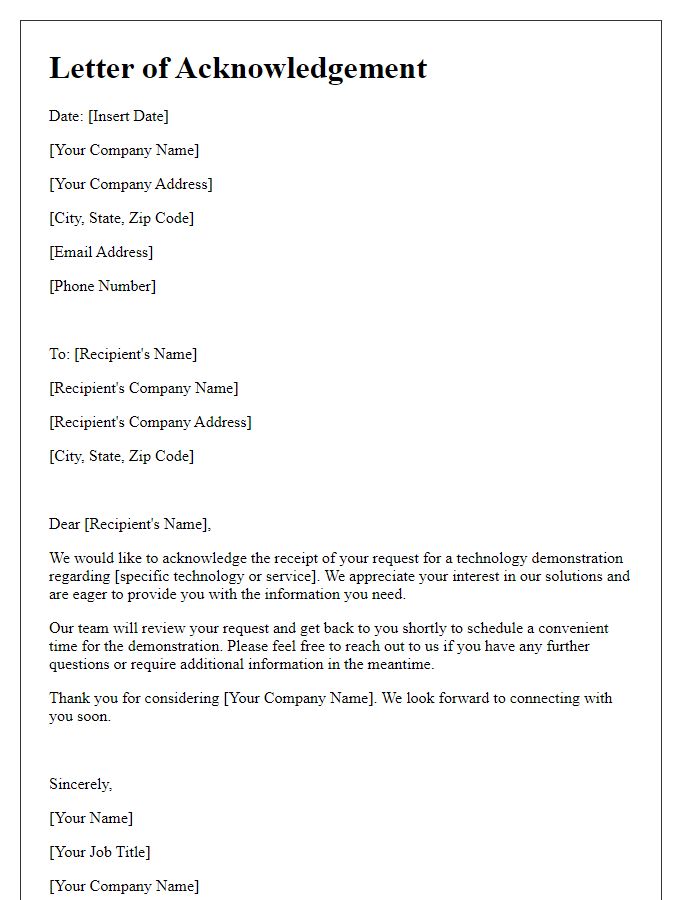 Letter template of acknowledgement for technology demo request