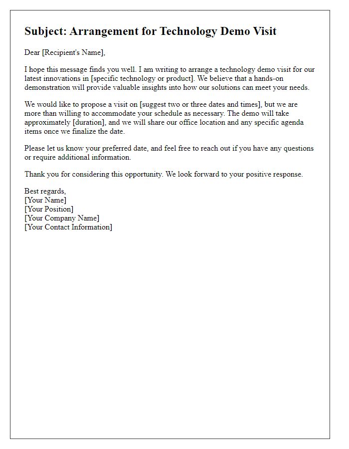Letter template of arranging a technology demo visit