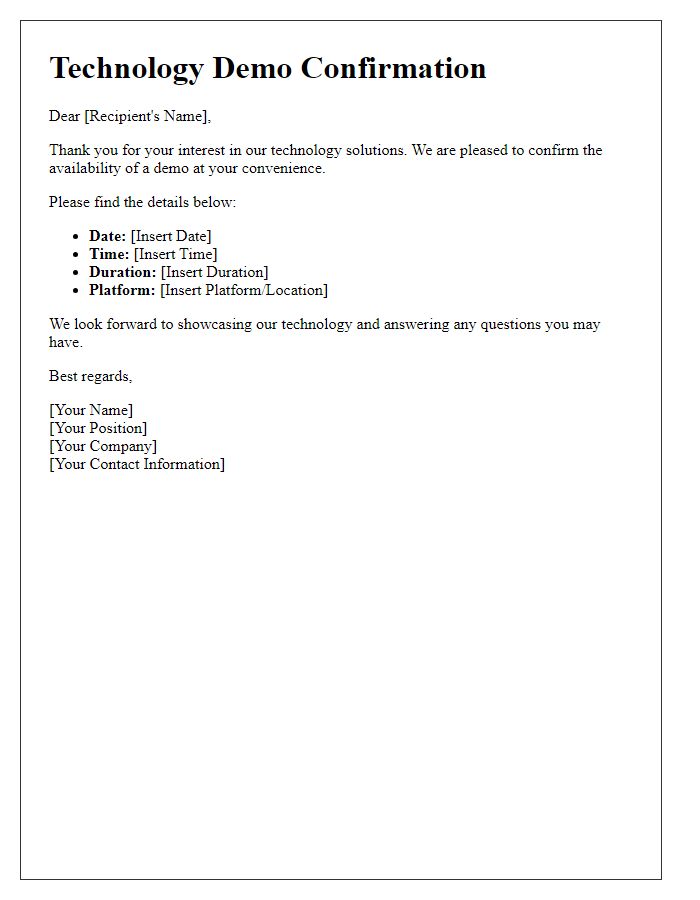 Letter template of confirming a technology demo availability