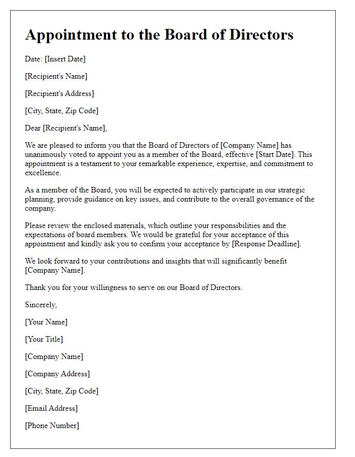 Letter template of Appointment to the Board of Directors