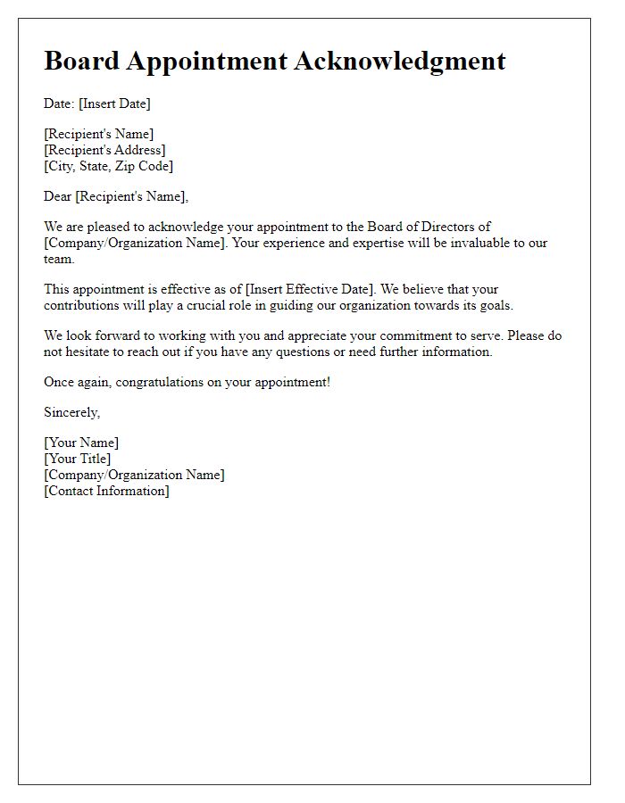 Letter template of Board Appointment Acknowledgment